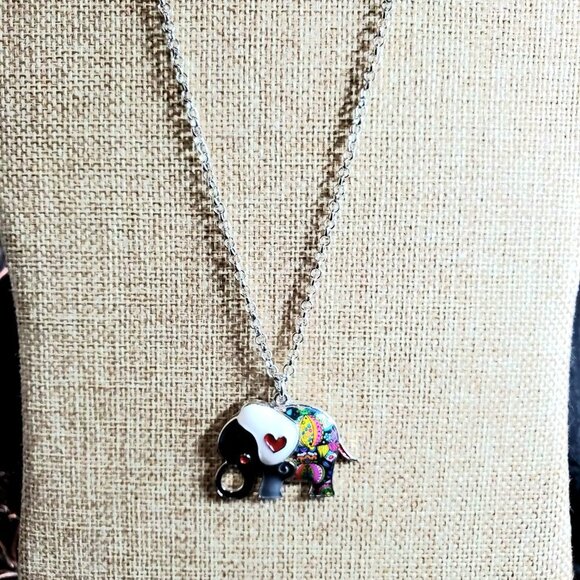 Handpainted Enamel Elephant, Necklace - White Ears - Picture 3 of 7